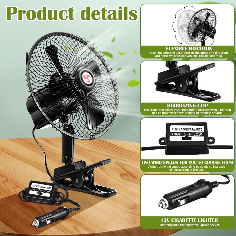 Tujoe 2 Pcs Portable Car Fan with Car Cigarette Lighter Electric Cooling 12 Volt Oscillating Fan 12 Volt Fan Automobile Vehicle 360 Degree Swivel Fan with Clip for Car Truck Supplies, Black (8 Inch) - Image 3